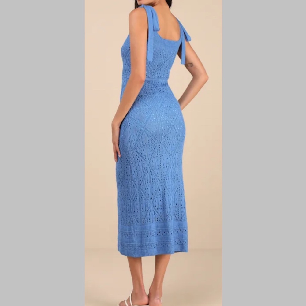 Lulu's Sky-Blue Crochet Tie-Shoulder Midi Dress - Picture 4 of 5